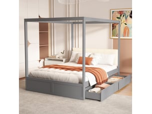 Lit baldaquin enfant 140 x 200 cm gris avec 2 tiroirs et tête de lit rembourrée