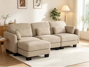 Canapé d’angle en l 3 places, configuration modulaire, tissu chenille doux, coussins de soutien lombaire et d’accoudoir fournis, 253 × 143 × 88 cm, marron clair