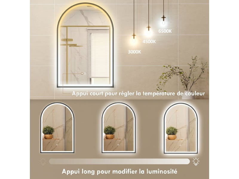  Miroir de salle de bain led arqué anti-buée tactile noir 60 x 4 x 90 cm  - Conforama E