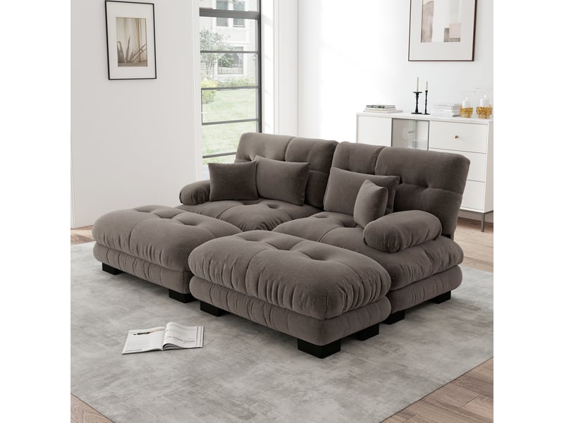 Canapé modulaire confortable avec dossier profond, coussins lombaires et ottomans, en chenille, marron - Conforama D