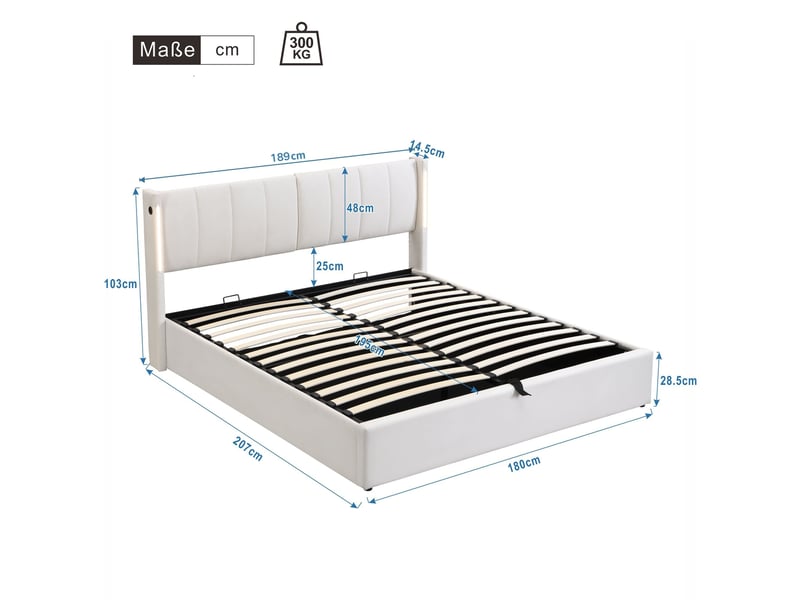 Lit coffre 180x200cm, led binaurales, charge usb et tête réglable,pu, blanc  - Conforama C