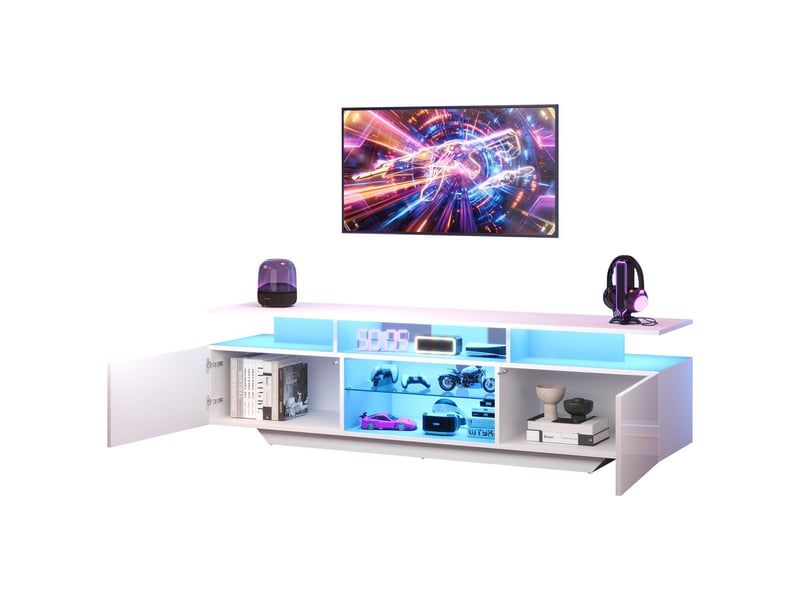  Meuble tv 160x40x50, avec 2 portes, rangement et éclairage led brillant meuble tv avec rangement  - Conforama A