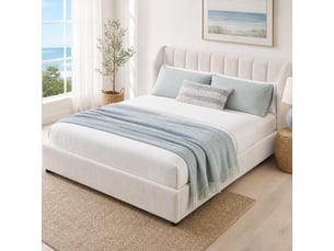 Lit plateforme 180x200 cm, sans matelas, 2 coussins, tête de lit à lignes verticales, en velours français beige