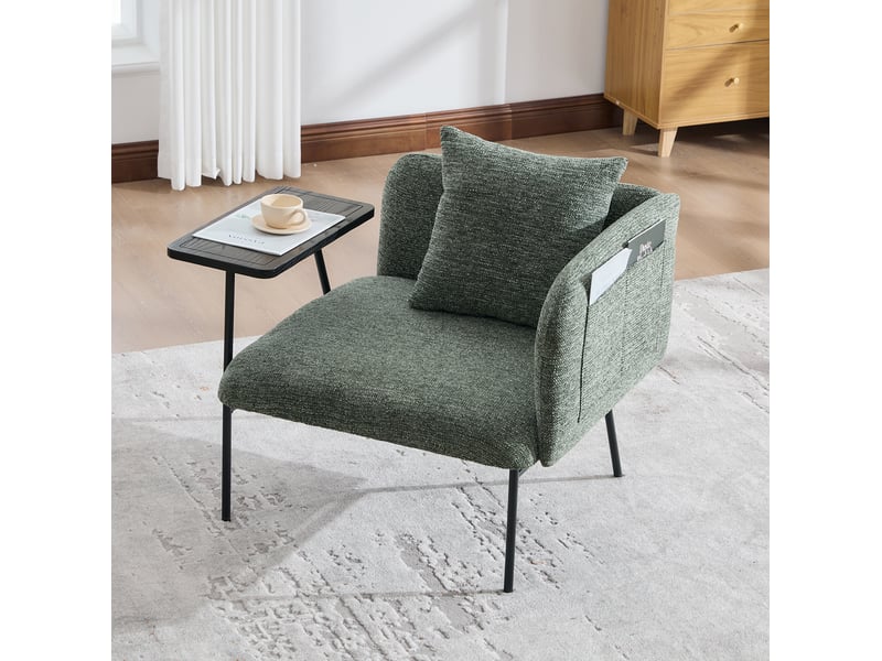  Fauteuil avec table d'appoint intégrée, poches de rangement et coussins, en chenille vert émeraude  - Conforama C