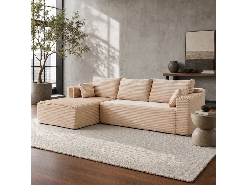  Canapé d'angle modulaire sans montage avec assise profonde et coussins, pour salon, en velours côtelé beige  - Conforama C