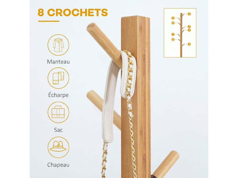  Porte-manteau sur pied en bambou 8 crochets coloris bois naturel 49,5x49,5x178 cm  - Conforama D