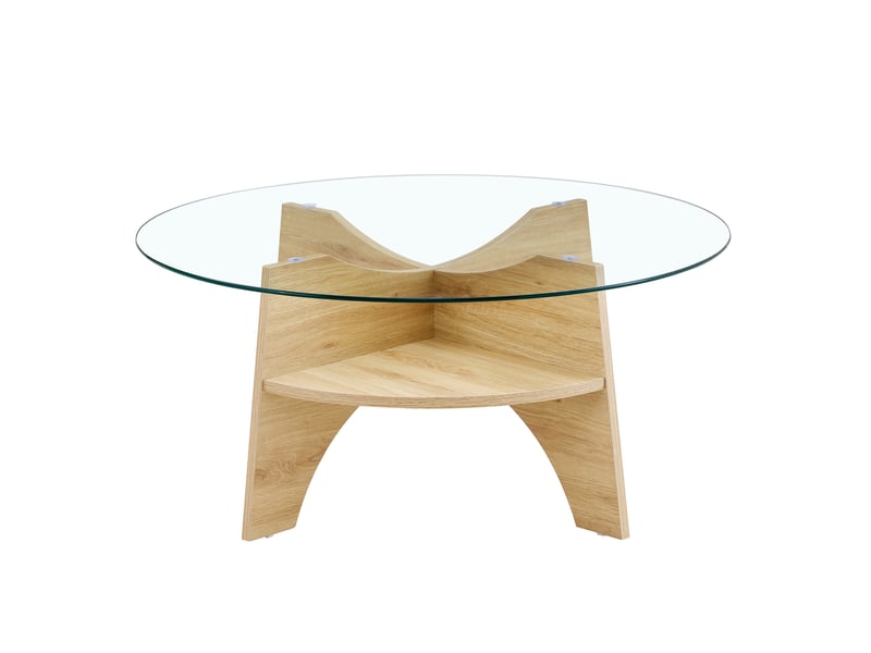  Table basse ronde 80x80x36 cm, meuble salon, design simple, plateau en verre, mdf, pour le salon, transparent et bois  - Conforama A
