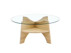 Table basse ronde 80x80x36 cm, meuble salon, design simple, plateau en verre, mdf, pour le salon, transparent et bois
