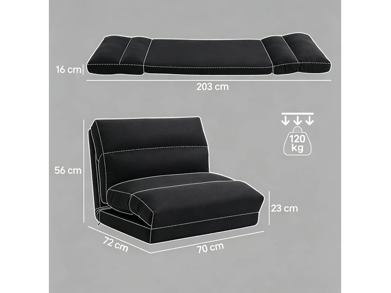 Fauteuil relax convertible au sol avec dossier réglable 5 positions, couchage d'appoint en polyester noir - Conforama C