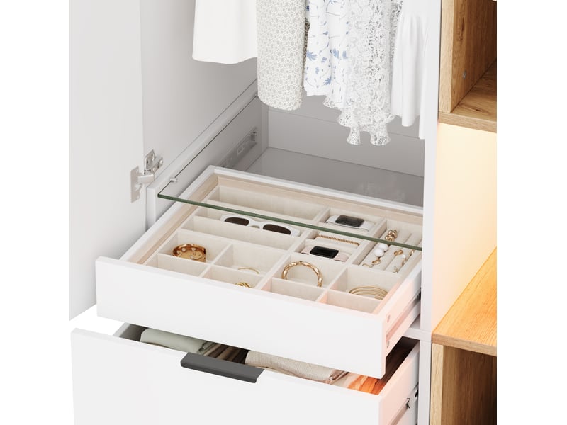  Armoire 90x49x200 cm avec éclairage led et tiroir à bijoux mdf blanc et chêne  - Conforama D