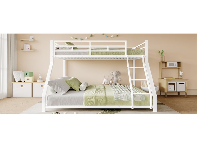  Lit superposé métal 90x200 cm et 140x200 cm blanc avec échelle barrière de sécurité certifié en747 sans matelas Sol Morn - Conforama E