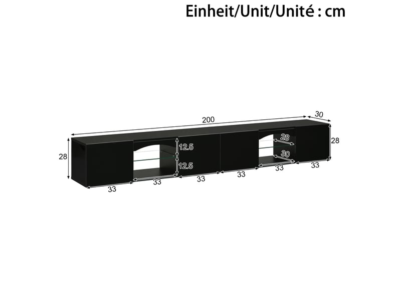  Meuble tv bas modenvie 200 x 30 x 28 cm 4 portes led contrôlée par application noir brillant  - Conforama C