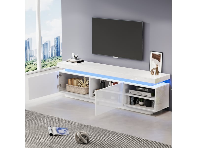  Meuble tv tcqpz 170 x 35 x 50 cm blanc avec led, 2 portes, rangement ouvert, pour tv jusqu'à 70 pouces, panneau de particules  - Conforama E