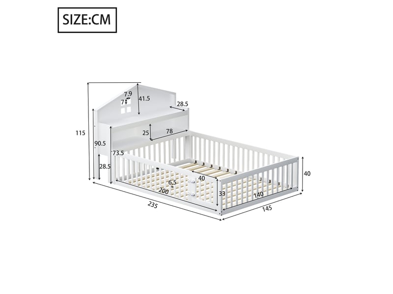  Lit enfant 140x200 cm avec étagère, tableau noir, garde-corps et sommier, forme de maison, bois blanc, sans matelas  - Conforama C