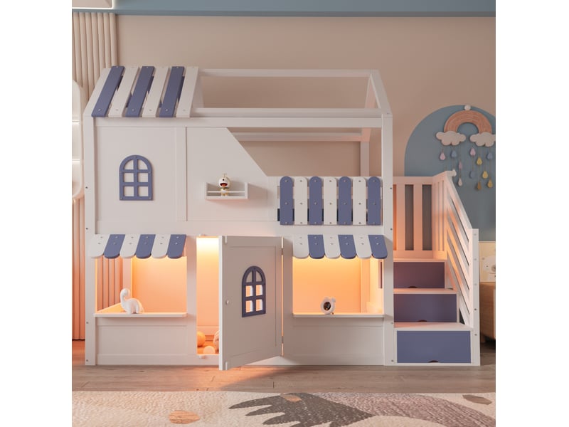  Lit superposé enfant 90x200 cm cabane avec escalier de rangement led blanc et bleu  - Conforama B