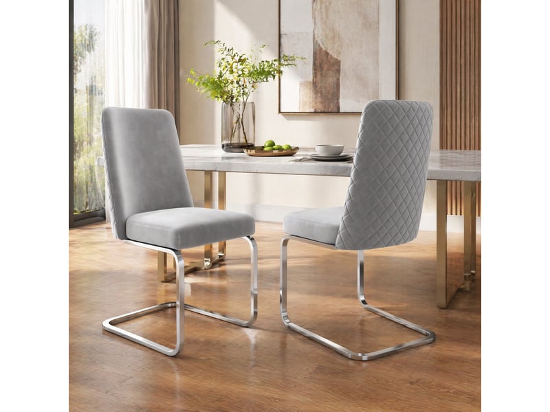  Chaises de salle à manger lot de 2 avec dossier capitonné  - pieds en métal argenté, velours gris  - Conforama B