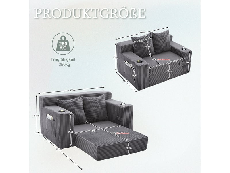  Canapé droit convertible 2 places en velours côtelé gris avec poches latérales et deux coussins, style nordique  - Conforama C