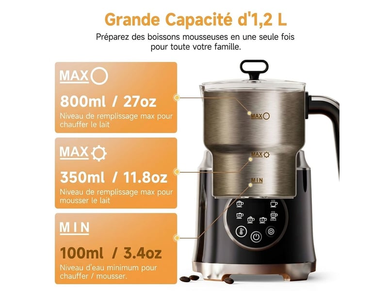  Mousseur à lait électrique 6-en-1 600w 1,2l – émulsionneur à induction verseuse inox amovible compatible lave-vaisselle, écran tactile led et fonction chocolat chaud – noir et inox  - Conforama B