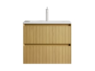 Meuble sous vasque suspendu avec 2 tiroirs et vasque en céramique, pour salle de bain, chêne doré et blanc, 61 cm