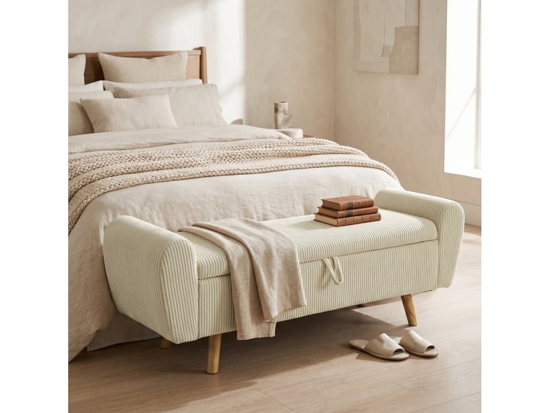  Banc de rangement en velours côtelé beige avec accoudoirs roulés et pieds en bois  - Conforama B