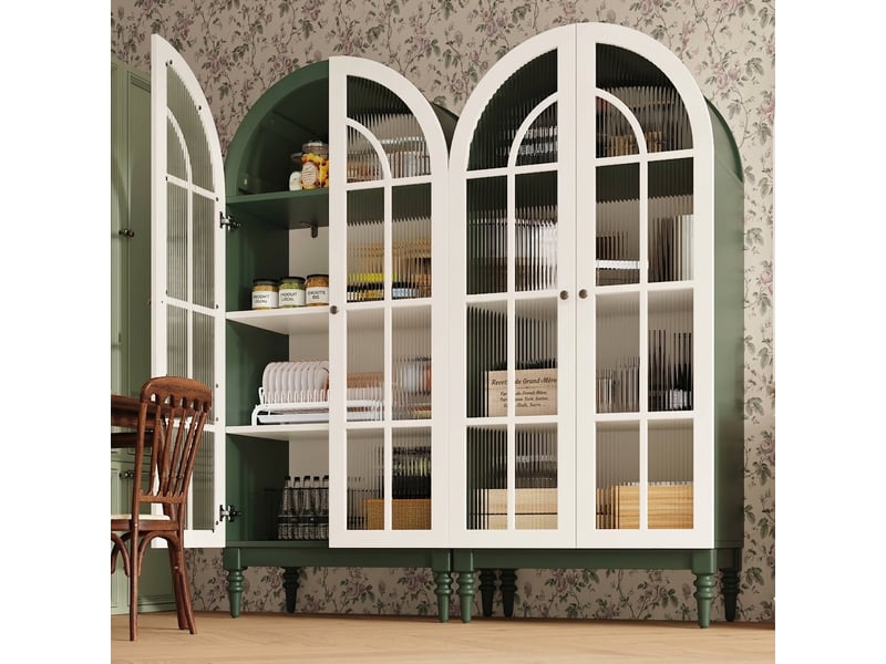  Buffet de cuisine vitrine 165 cm vert foncé avec portes en verre strié et 3 niveaux de rangement  - Conforama B