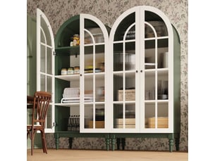 Buffet de cuisine vitrine 165 cm vert foncé avec portes en verre strié et 3 niveaux de rangement