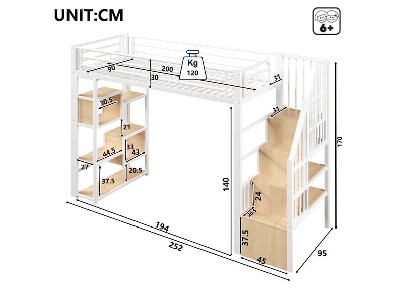  Lit mezzanine 90x200 cm, lit enfant, rangement, échelle sécurisée, barrière antichute, led, bois et métal blanc  - Conforama R