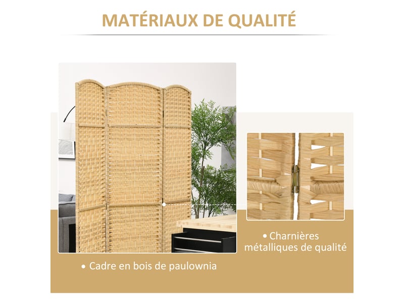  Paravent intérieur en bois 3 panneaux séparateur de pièce pliable pour salon chambre bois naturel 135 x 180 cm  - Conforama E