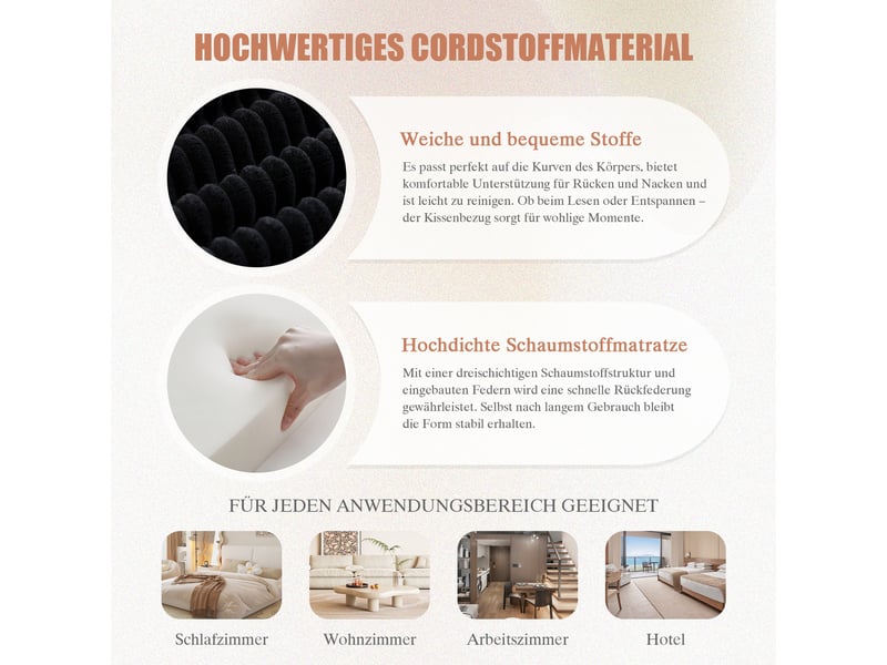  Canapé modulable 3 places en velours côtelé noir avec pouf, coussins et 2 poches latérales  - Conforama D