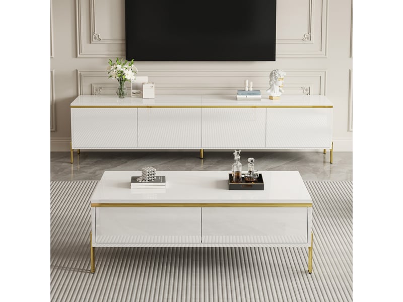 Ensemble de 2 meubles de salon avec meuble tv et table basse finition brillante, rangement fermé et tiroirs, panneaux de particules, blanc - Conforama D
