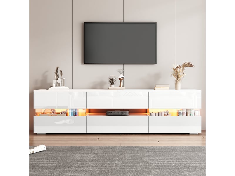  Meuble tv blanc laqué 160 cm avec led - 2 portes 1 tiroir - pour écran 70 pouces  - Conforama W