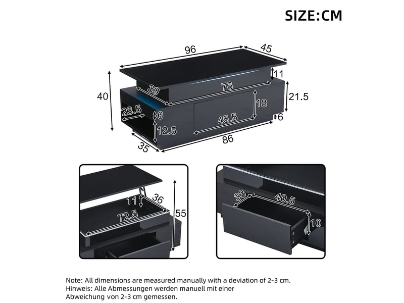  Table basse relevable 96x45x40 cm noire brillante avec led et rangement  - Conforama C