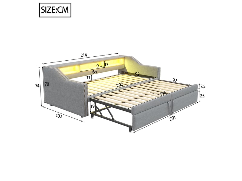 Canapé convertible extensible 90x200 à 180x200 cm avec led et usb, gris clair  - Conforama E