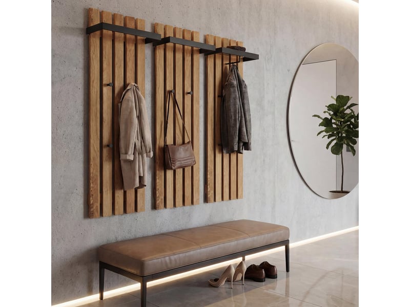 Mca lot de 3 panneaux vestiaires hwc-p57, patère murale, patère en bois, 4 crochets métalliques 120 x 40 cm, chêne  - Conforama B