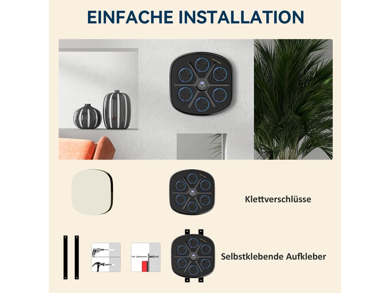  Machine de boxe musicale noire bluetooth avec led, 9 vitesses et 9 modes, fixation murale pour l'entraînement à domicile  - Conforama E