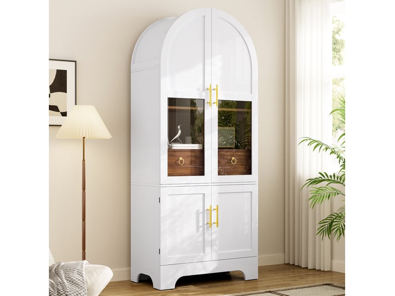 Buffet 76x40x180 cm avec façade en verre, éclairage led, 4 portes et 1 tiroir, mdf et panneau de particules blanc  - Conforama B