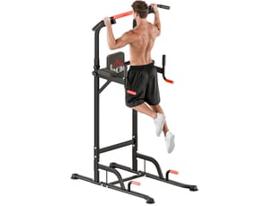 Tour de traction et station de dips réglable 123x98x239 cm avec barre de traction, métal, rouge et noir