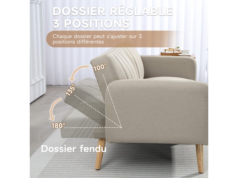  Canapé convertible 2 places design scandinave pieds bois tissu aspect lin beige dossier inclinable 3 positions  - Conforama E