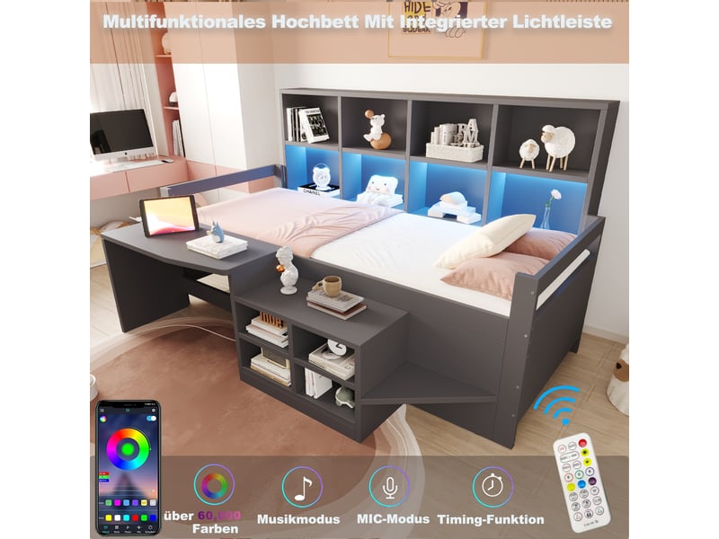  Lit enfant multifonctionnel 90x200 cm - lit simple avec rangement, bureau, étagères, led et prises - gris  - Conforama R