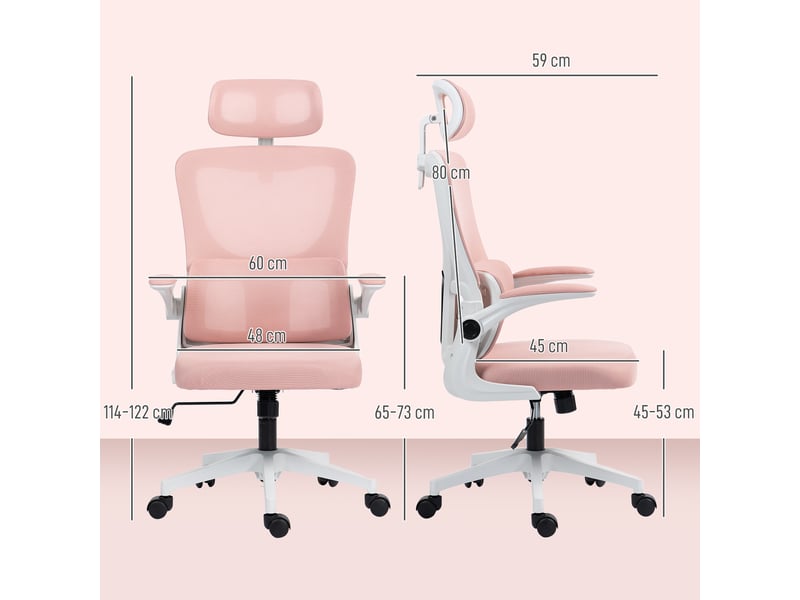  Fauteuil de bureau réglable et inclinable avec appui-tête amovible, tissu mesh, 60 x 59 x 114-122 cm, rose  - Conforama E
