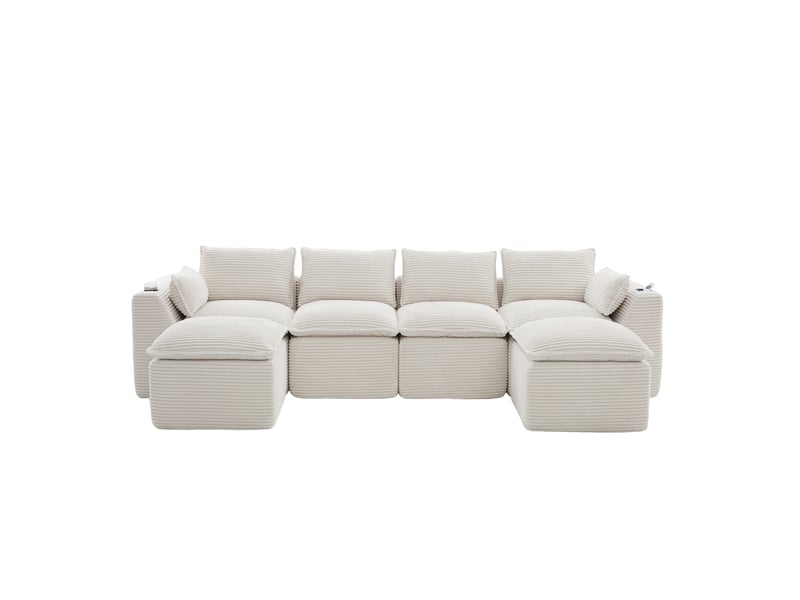  Canapé modulable modenvie 4 places avec 2 poufs, coussins, porte-gobelets et poches latérales en velours côtelé beige  - Conforama A