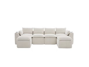 Canapé modulable modenvie 4 places avec 2 poufs, coussins, porte-gobelets et poches latérales en velours côtelé beige