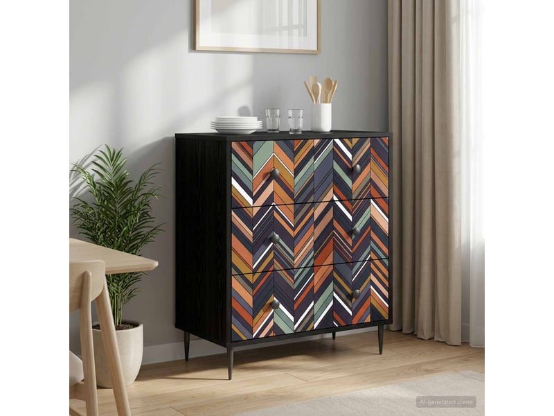  Commode chambre, meuble de rangement ommen imprimé géométrique 66x36,5x76 cm chêne noir  - Conforama B