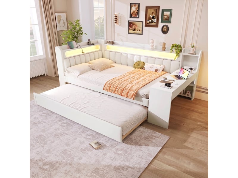  Lit capitonné 140x200 blanc, lit avec led et port usb, bureau intégré  - Conforama D
