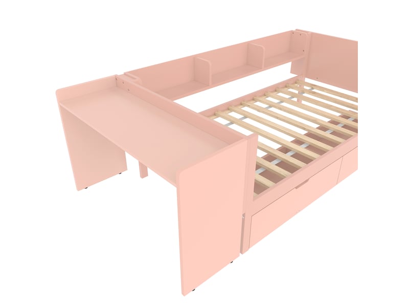  Lit enfant 90 x 200 cm avec bureau, 2 tiroirs et 3 étagères, pin et panneau de particules, rose Fay Lum - Conforama D