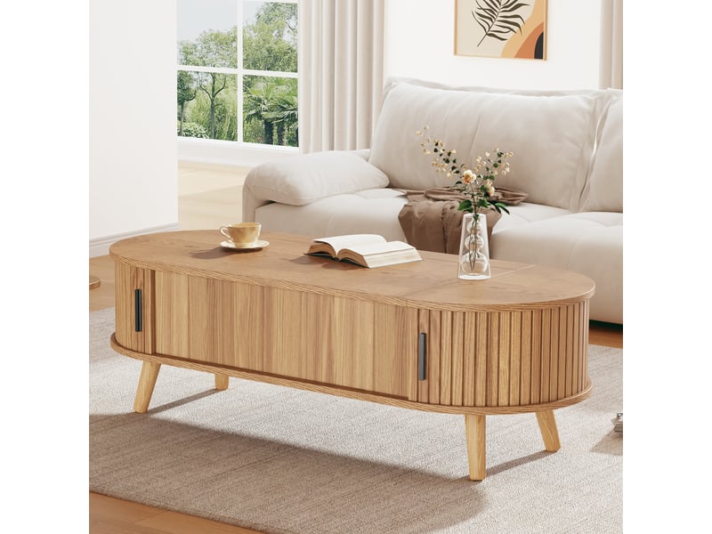 Table basse relevable 120 x 50 cm, coloris naturel en mdf et bois, rangement caché avec 5 espaces - Conforama B