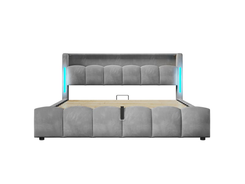 Lit double 180x200cm, avec led, tête rangement, coffre hydraulique, ports usb et type-c, velours gris - Conforama A
