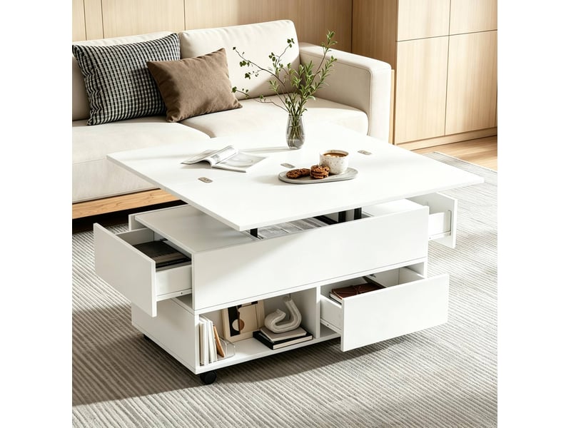  Table basse relevable 100 x 50 cm avec 4 tiroirs, roulettes et rangement blanche  - Conforama D