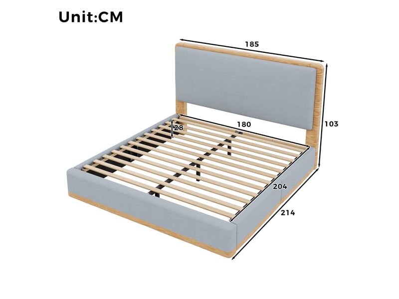 Lit plateforme 180x200 cm, lit adulte 2 places avec tête de lit mdf couleur gris et bois naturel sans matelas - Conforama C