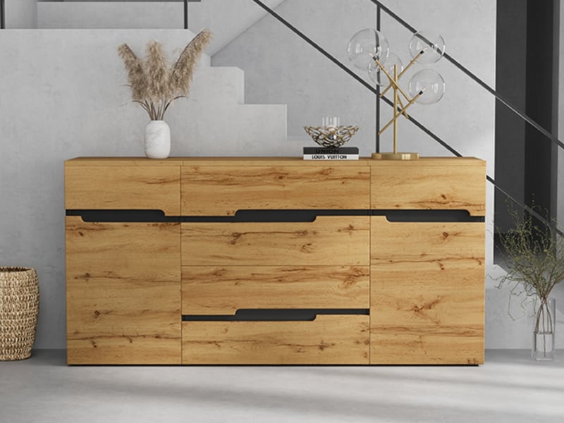  Buffet, meuble de salon à deux portes et quatre tiroirs, meuble de salle à manger, meuble de rangement pour canapé, finition bois  - Conforama B